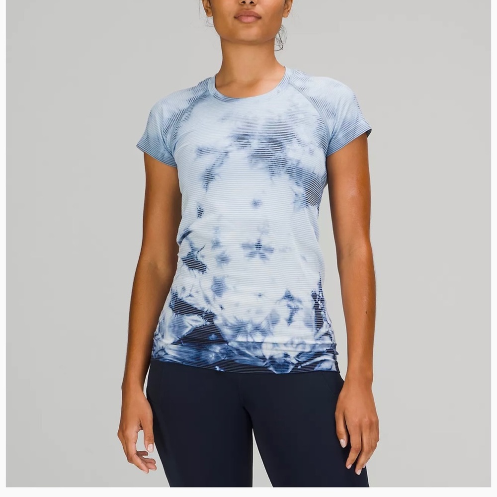 lukulemon swiftly tech shirt blue stripe nwt 8